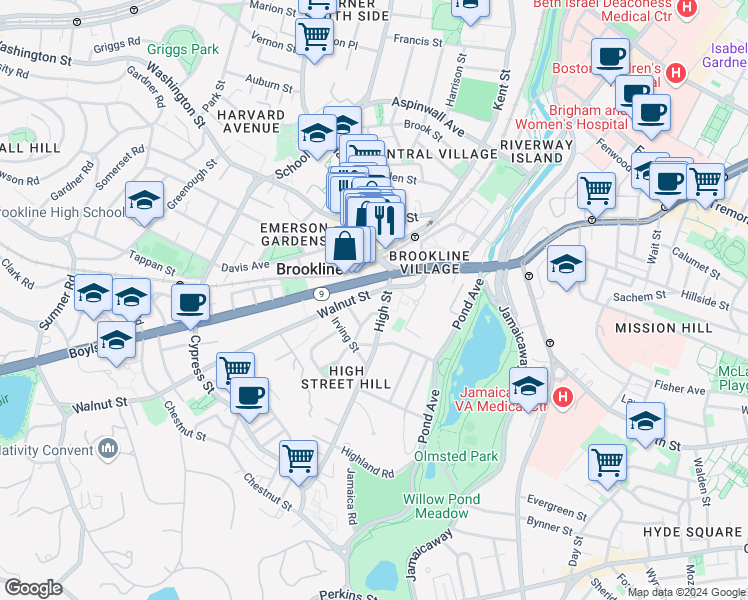 map of restaurants, bars, coffee shops, grocery stores, and more near 9 Boylston Street in Brookline