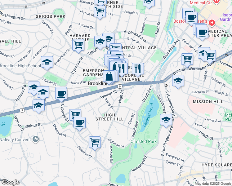 map of restaurants, bars, coffee shops, grocery stores, and more near 9 Boylston Street in Brookline