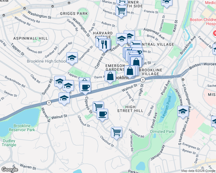 map of restaurants, bars, coffee shops, grocery stores, and more near 88 Davis Avenue in Brookline