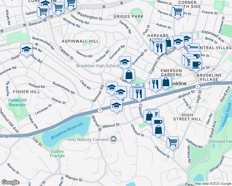 map of restaurants, bars, coffee shops, grocery stores, and more near 61 Clark Road in Brookline