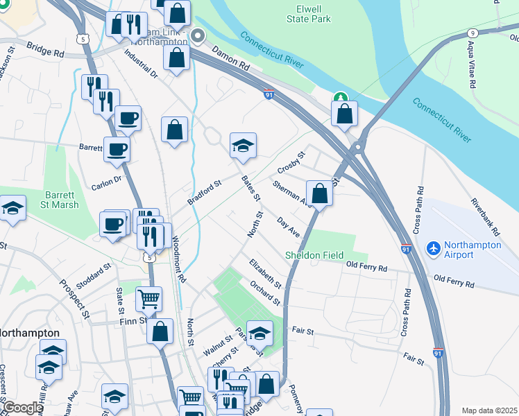 map of restaurants, bars, coffee shops, grocery stores, and more near 31 Bates Street in Northampton