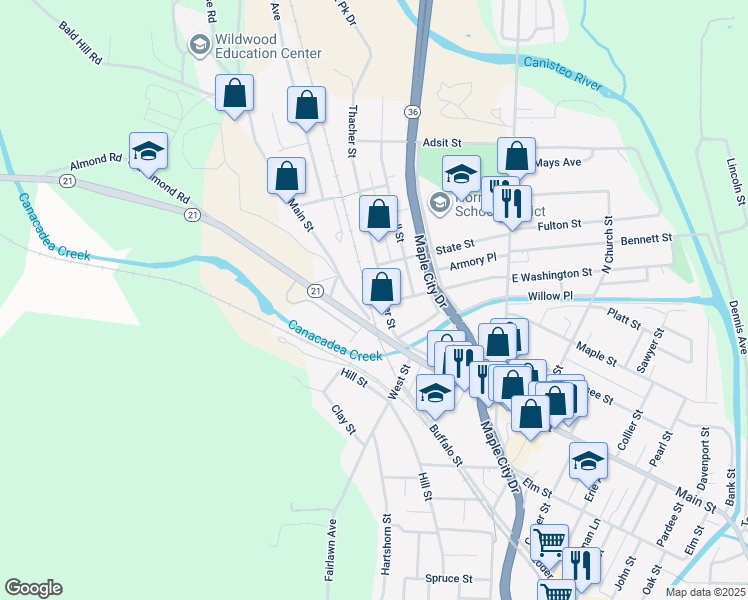 map of restaurants, bars, coffee shops, grocery stores, and more near 116 Thacher Street in Hornell