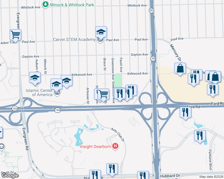 map of restaurants, bars, coffee shops, grocery stores, and more near 5773 Greenview Avenue in Detroit
