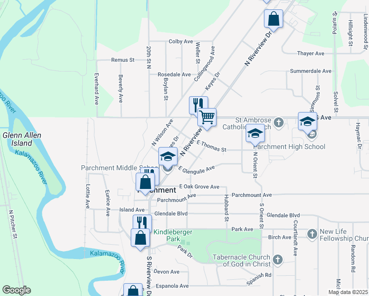map of restaurants, bars, coffee shops, grocery stores, and more near 520 Keyes Drive in Parchment