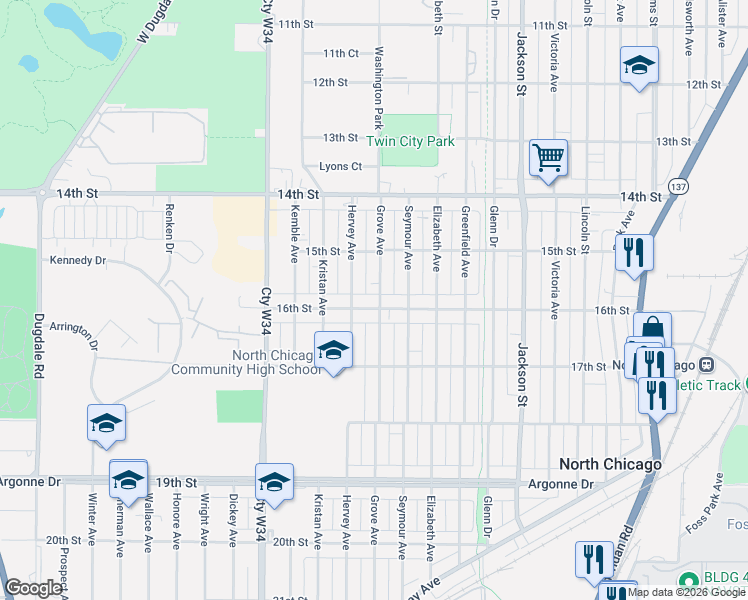 map of restaurants, bars, coffee shops, grocery stores, and more near 1519 Hervey Avenue in North Chicago
