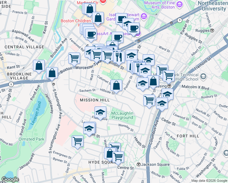 map of restaurants, bars, coffee shops, grocery stores, and more near 101 Calumet Street in Boston
