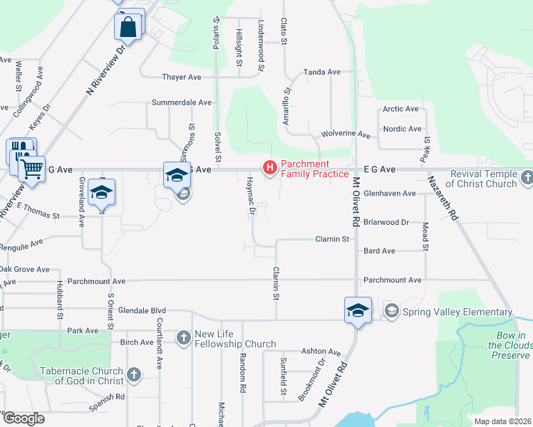 map of restaurants, bars, coffee shops, grocery stores, and more near 450 Haymac Drive in Parchment