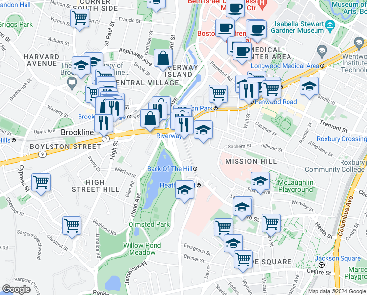 map of restaurants, bars, coffee shops, grocery stores, and more near 25-25A South Huntington Avenue in Boston