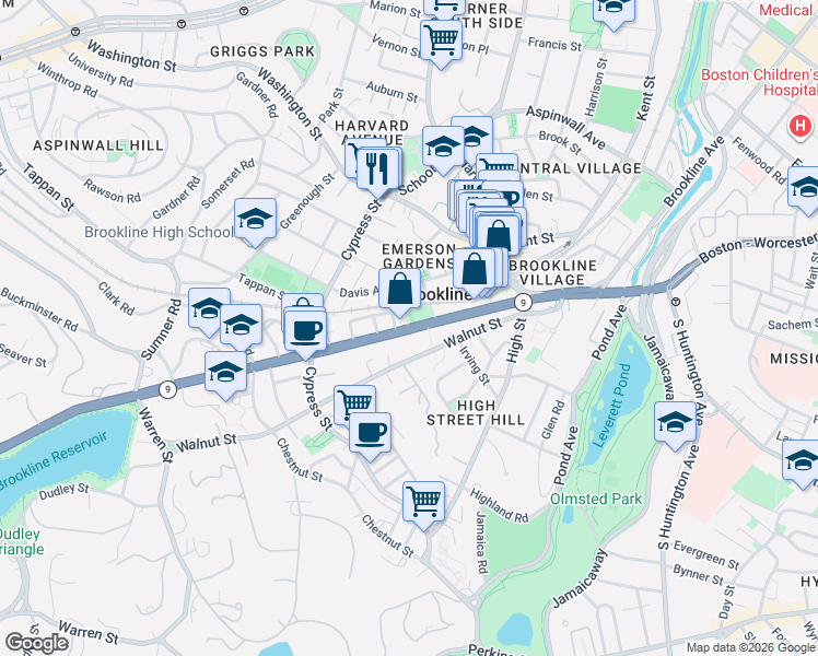 map of restaurants, bars, coffee shops, grocery stores, and more near 88 Davis Avenue in Brookline