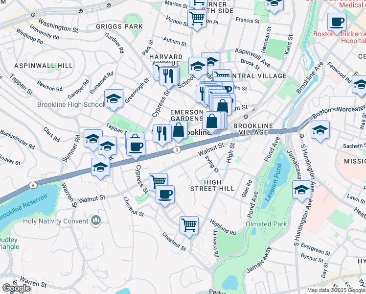 map of restaurants, bars, coffee shops, grocery stores, and more near 88 Davis Avenue in Brookline