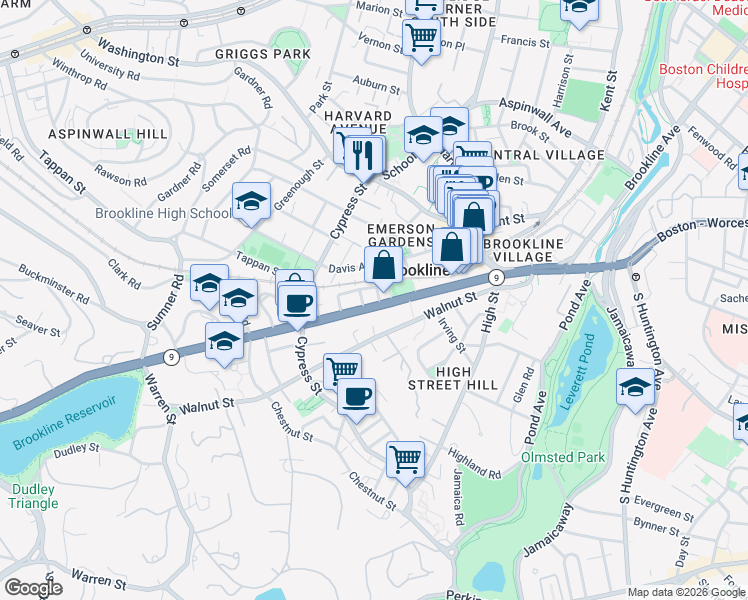 map of restaurants, bars, coffee shops, grocery stores, and more near 88 Davis Avenue in Brookline