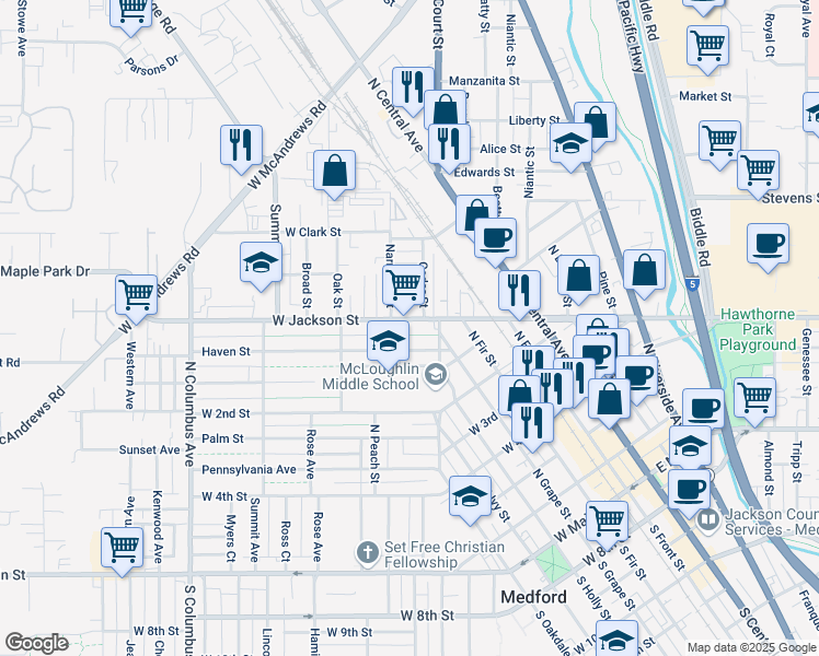 map of restaurants, bars, coffee shops, grocery stores, and more near 711 Cedar Street in Medford
