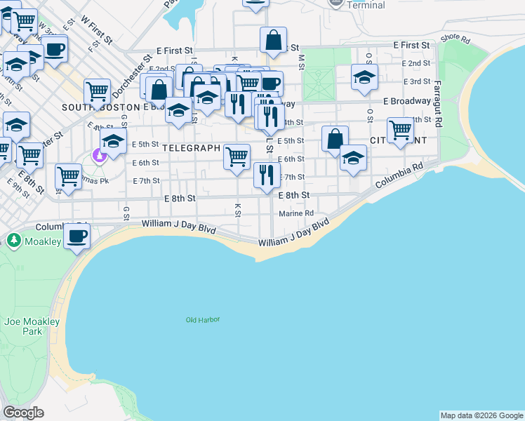 map of restaurants, bars, coffee shops, grocery stores, and more near 86 Marine Road in Boston
