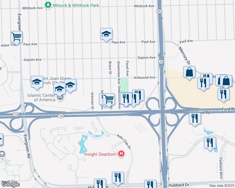 map of restaurants, bars, coffee shops, grocery stores, and more near 5773 Greenview Avenue in Detroit