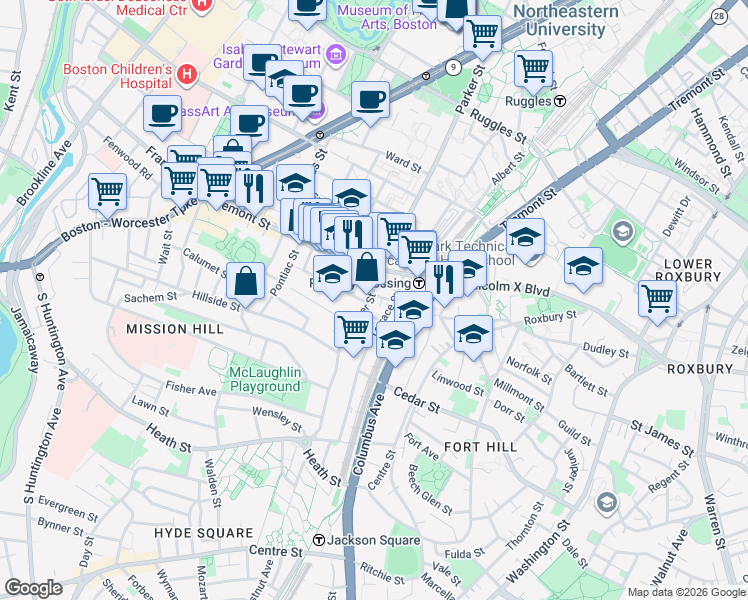 map of restaurants, bars, coffee shops, grocery stores, and more near 3 Morton Place in Boston