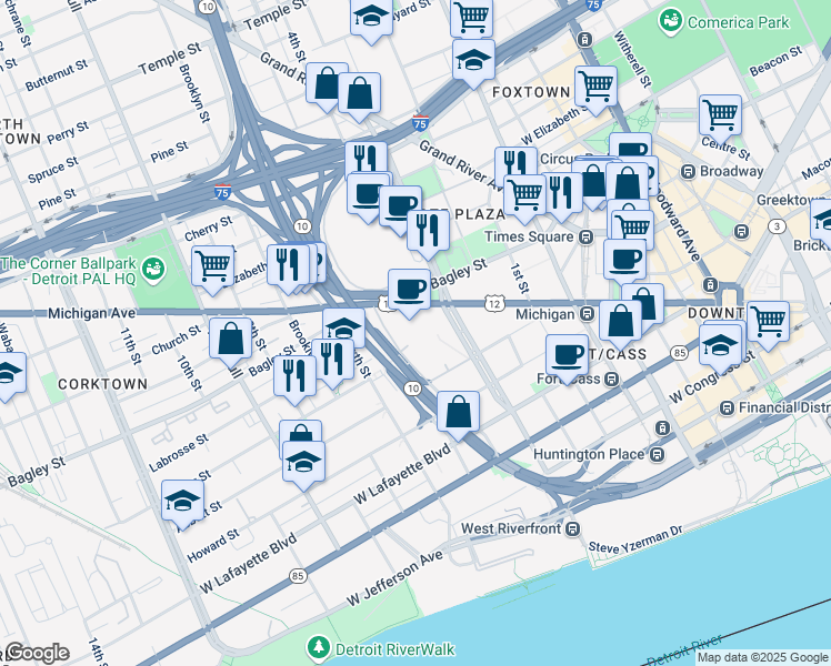 map of restaurants, bars, coffee shops, grocery stores, and more near 985 Michigan Avenue in Detroit