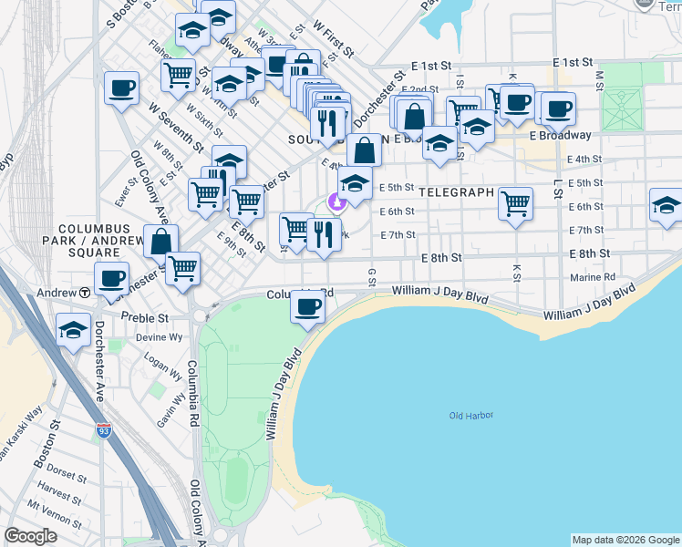 map of restaurants, bars, coffee shops, grocery stores, and more near 1350 Columbia Road in Boston