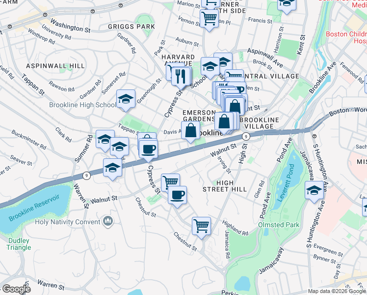 map of restaurants, bars, coffee shops, grocery stores, and more near 88 Davis Avenue in Brookline
