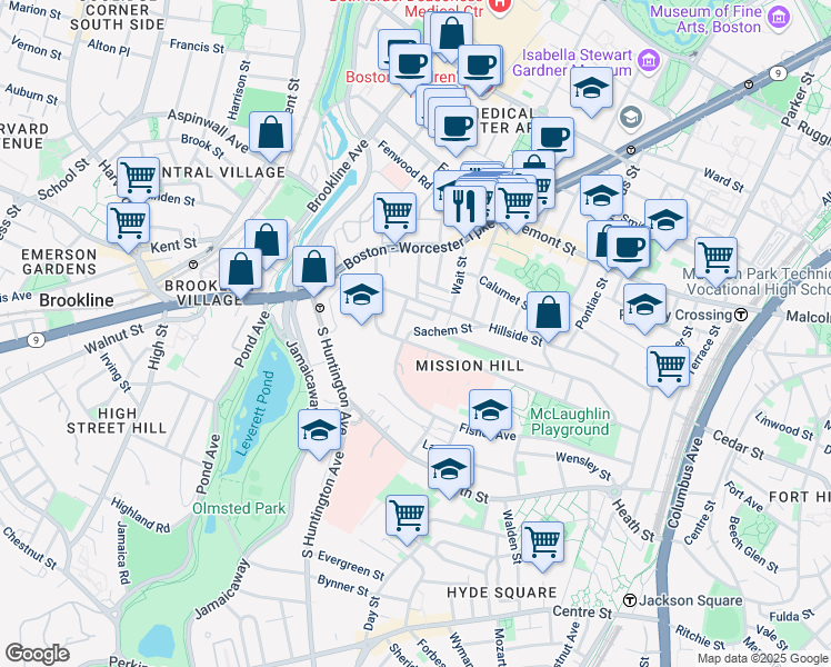 map of restaurants, bars, coffee shops, grocery stores, and more near 168 Hillside Street in Boston