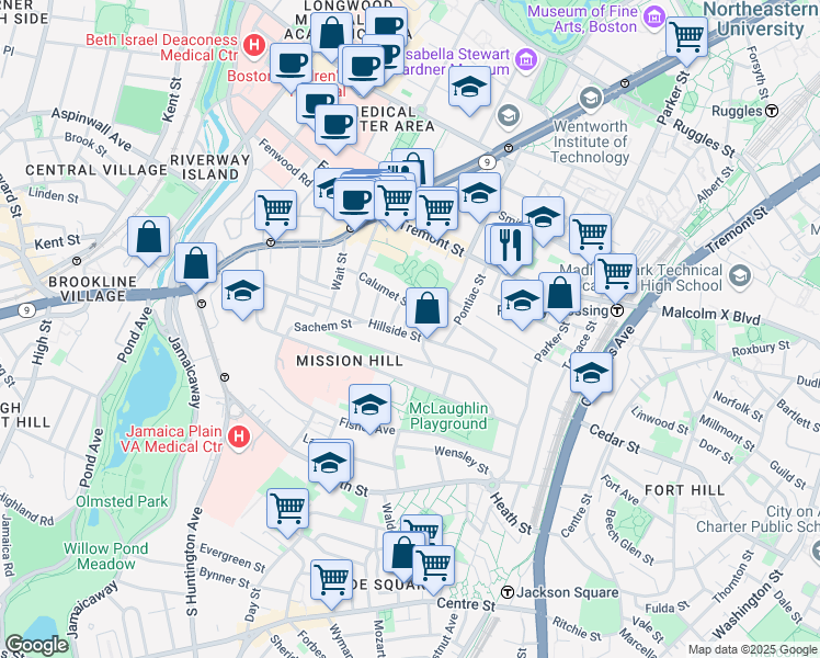 map of restaurants, bars, coffee shops, grocery stores, and more near 91 Hillside Street in Boston