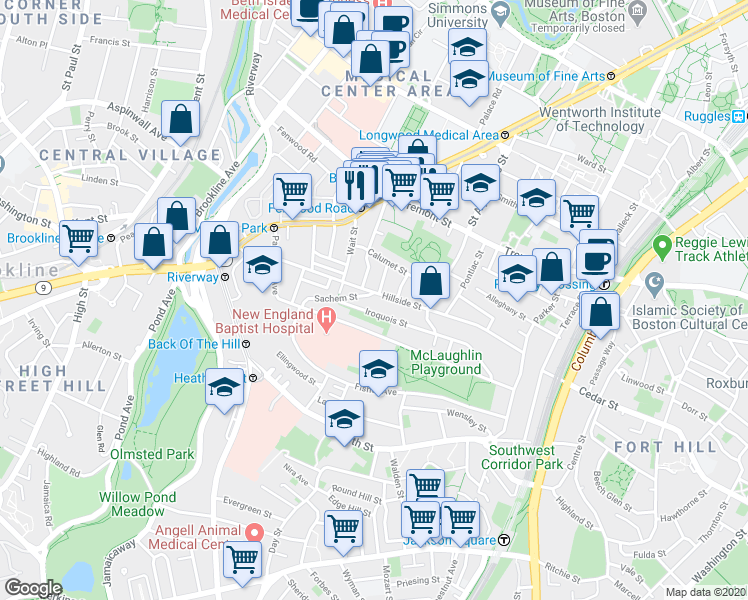 map of restaurants, bars, coffee shops, grocery stores, and more near 22 Sachem Street in Roxbury Crossing
