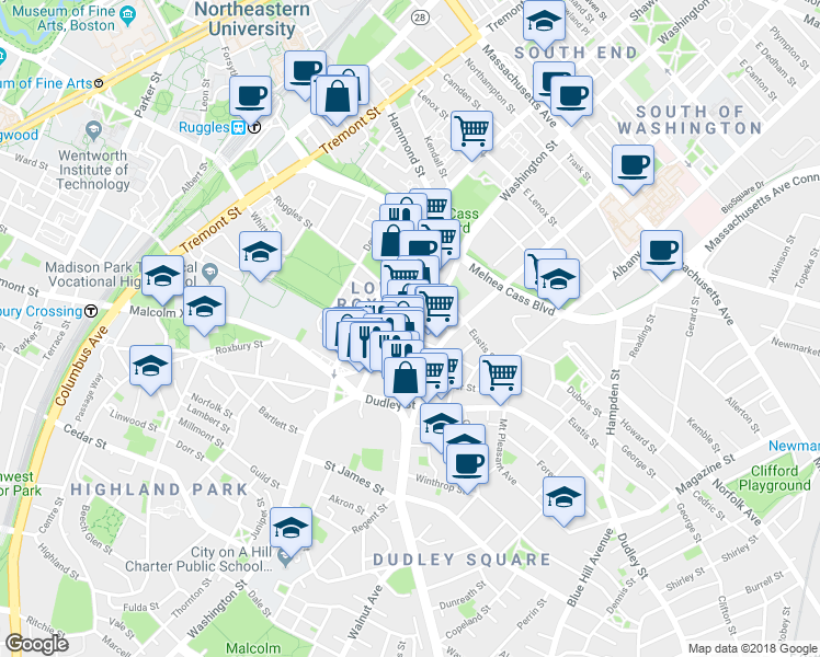 map of restaurants, bars, coffee shops, grocery stores, and more near Washington St & Warren St in Boston