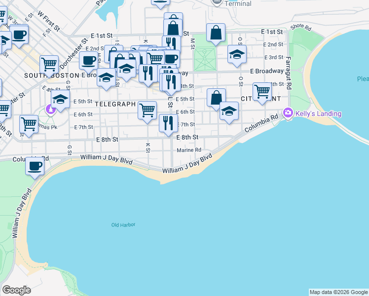 map of restaurants, bars, coffee shops, grocery stores, and more near 681 East 8th Street in Boston