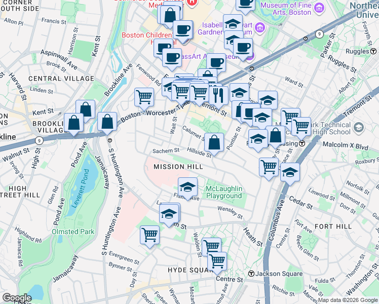 map of restaurants, bars, coffee shops, grocery stores, and more near 5 Oswald Street in Boston