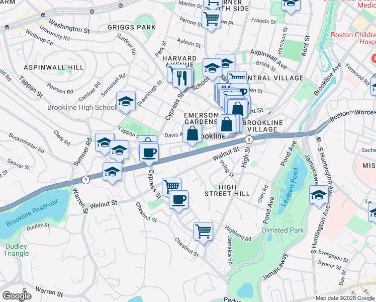 map of restaurants, bars, coffee shops, grocery stores, and more near 88 Davis Avenue in Brookline