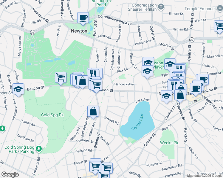 map of restaurants, bars, coffee shops, grocery stores, and more near 20 Greenlawn Avenue in Newton