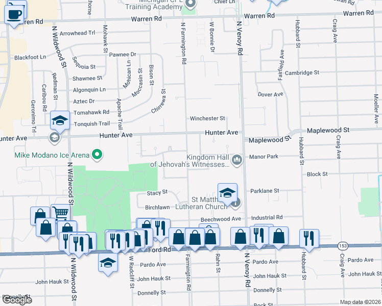 map of restaurants, bars, coffee shops, grocery stores, and more near 6260 Farmington Road in Westland