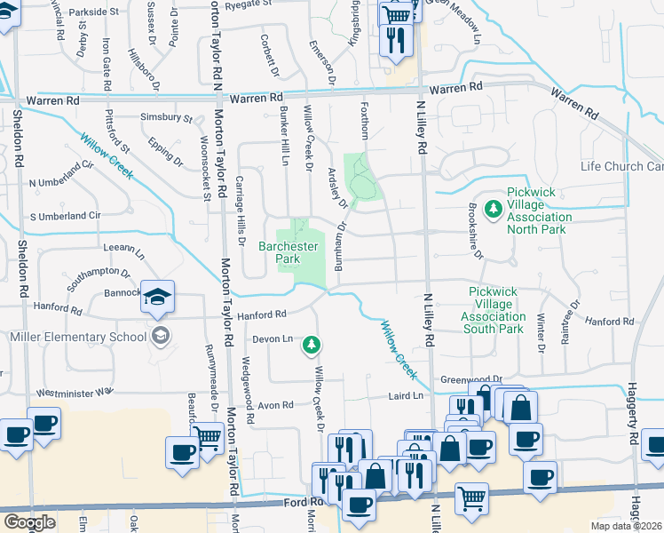map of restaurants, bars, coffee shops, grocery stores, and more near 6642 Burnham Drive in Canton