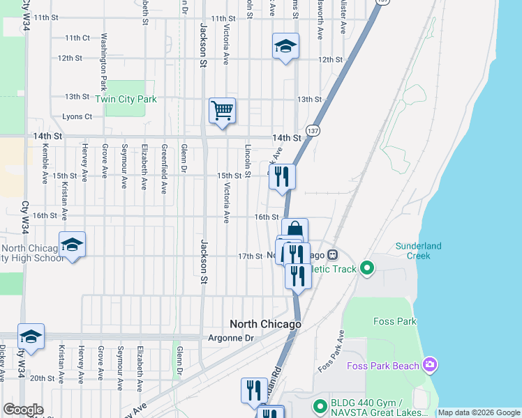 map of restaurants, bars, coffee shops, grocery stores, and more near 1522 Park Avenue in North Chicago