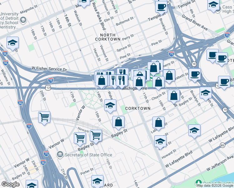 map of restaurants, bars, coffee shops, grocery stores, and more near in Detroit