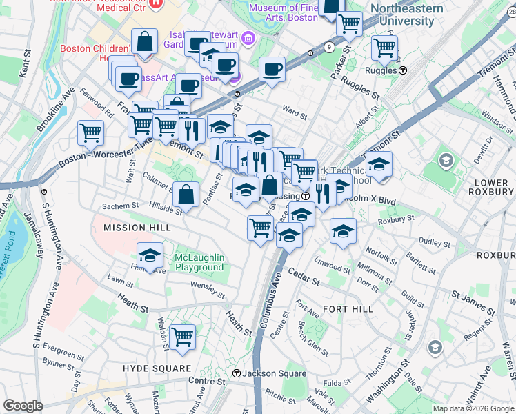 map of restaurants, bars, coffee shops, grocery stores, and more near in Boston