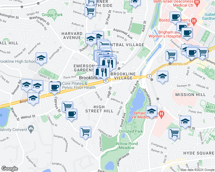 map of restaurants, bars, coffee shops, grocery stores, and more near 9 Boylston Street in Brookline