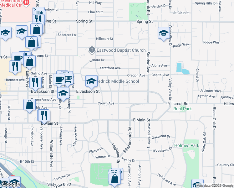 map of restaurants, bars, coffee shops, grocery stores, and more near 227 North Berkeley Way in Medford