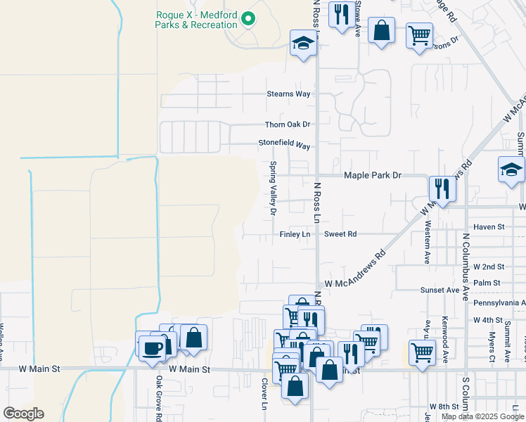 map of restaurants, bars, coffee shops, grocery stores, and more near 641 Spring Valley Drive in Medford