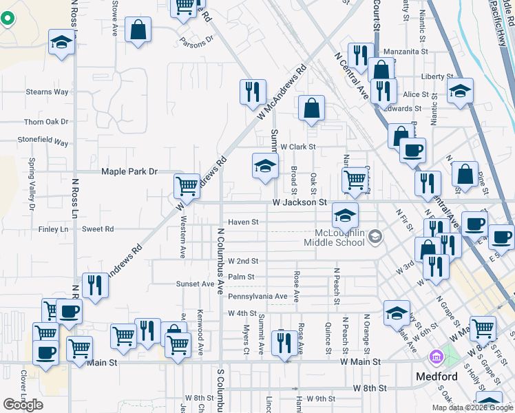 map of restaurants, bars, coffee shops, grocery stores, and more near 214 Priddy Street in Medford