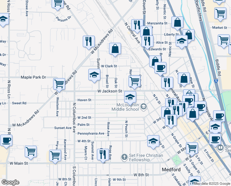map of restaurants, bars, coffee shops, grocery stores, and more near 715 Oak Street in Medford