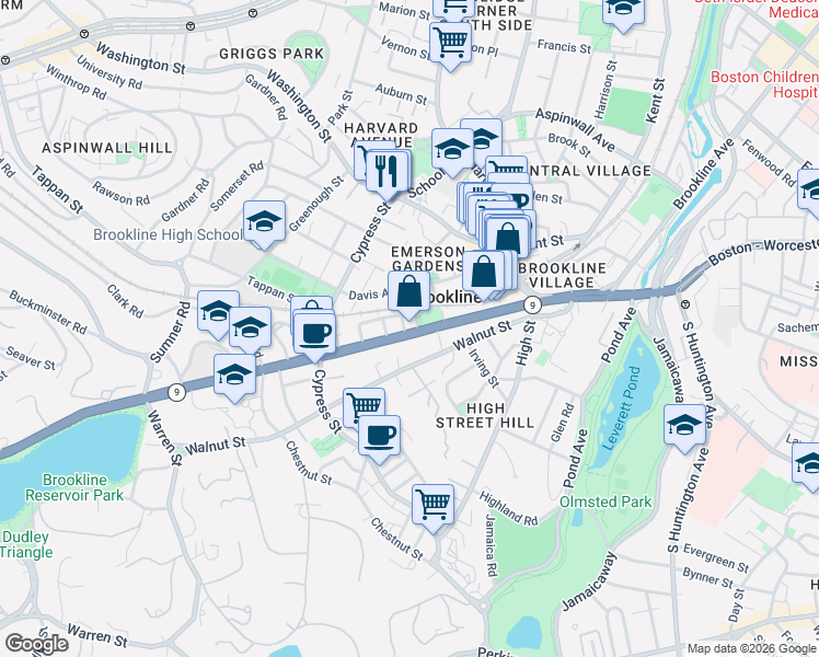 map of restaurants, bars, coffee shops, grocery stores, and more near 207 Boylston Street in Brookline