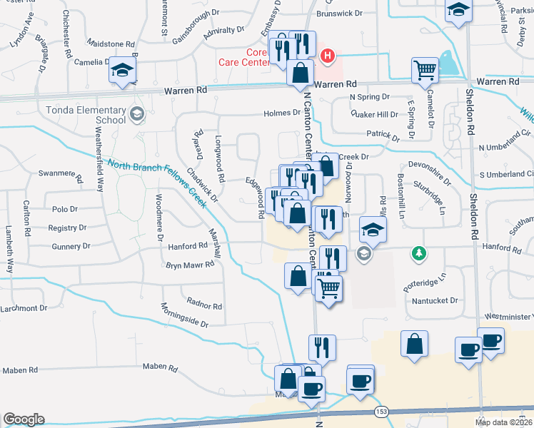 map of restaurants, bars, coffee shops, grocery stores, and more near 6636 Edgewood Road in Canton