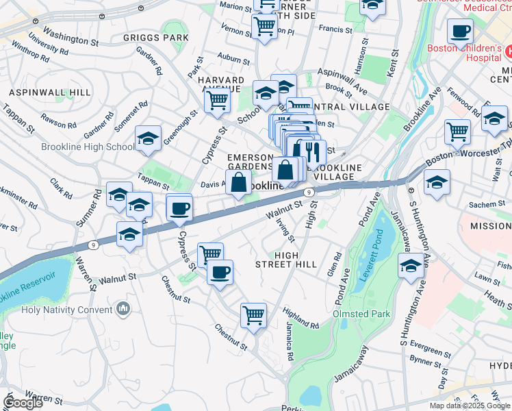 map of restaurants, bars, coffee shops, grocery stores, and more near 160 Boylston Street in Brookline