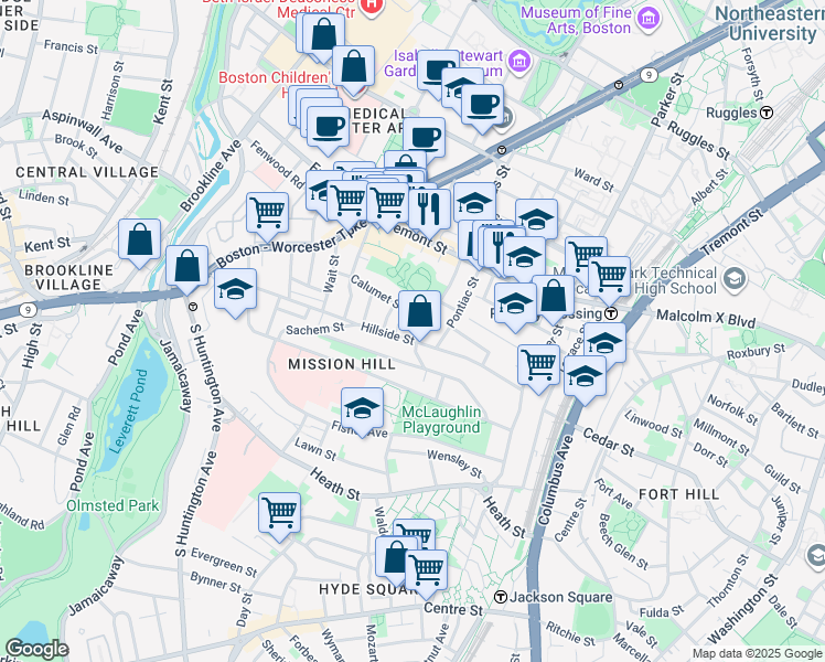 map of restaurants, bars, coffee shops, grocery stores, and more near 101 Calumet Street in Boston