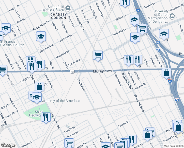 map of restaurants, bars, coffee shops, grocery stores, and more near 2920 Scotten Street in Detroit
