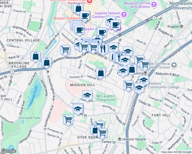 map of restaurants, bars, coffee shops, grocery stores, and more near 93 Hillside Street in Boston