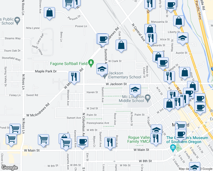 map of restaurants, bars, coffee shops, grocery stores, and more near 621 West Jackson Street in Medford
