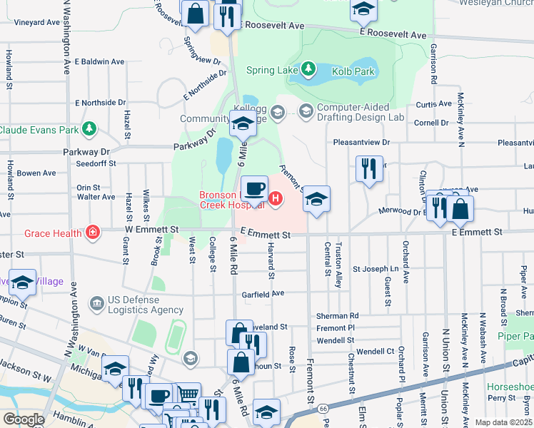 map of restaurants, bars, coffee shops, grocery stores, and more near 363 Fremont Street in Battle Creek