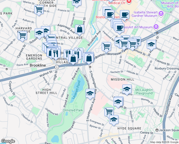 map of restaurants, bars, coffee shops, grocery stores, and more near 25-25A South Huntington Avenue in Boston