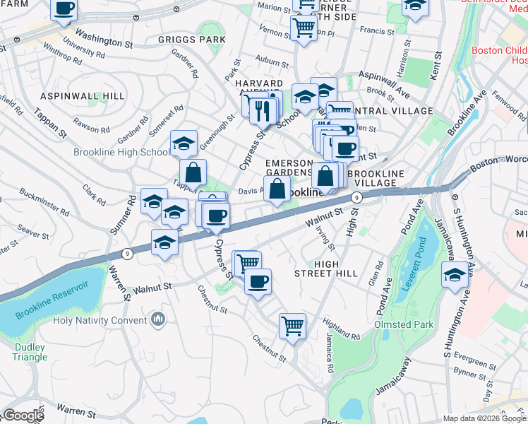 map of restaurants, bars, coffee shops, grocery stores, and more near 118 Davis Avenue in Brookline